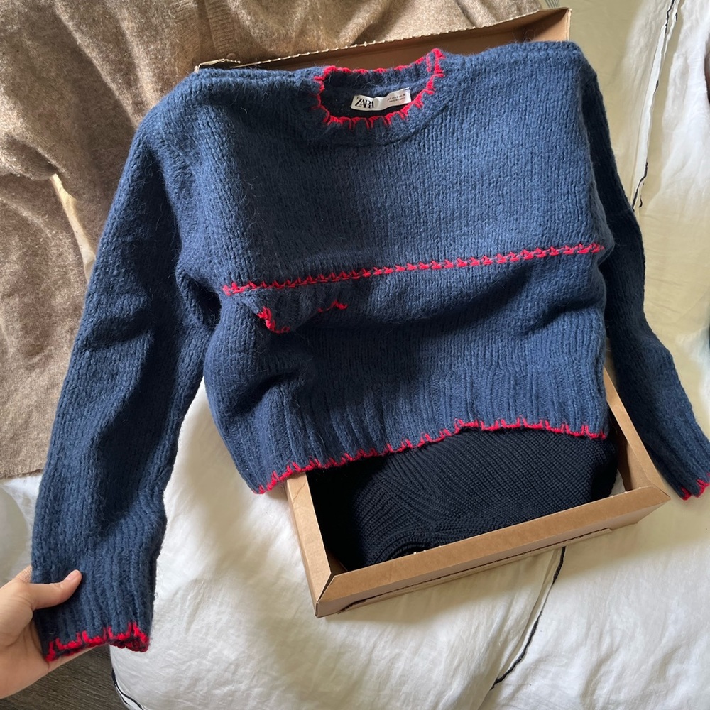 Navy blue with red trim and pocket zara sweater